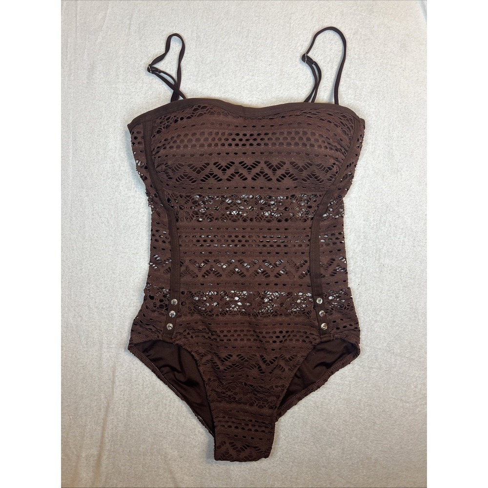 Lookbook Store Brown One piece Bathing Suit Crochet Lace Swim Suit Sz 12 Resort